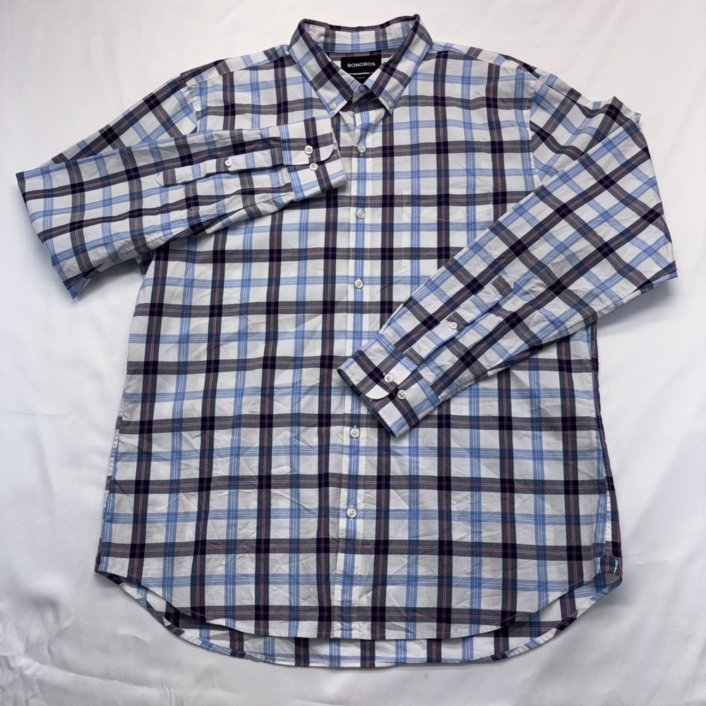 Bonobos Shirt Men's Size XL Blue Plaid Long-Sleeve Slim Fit Button-Up